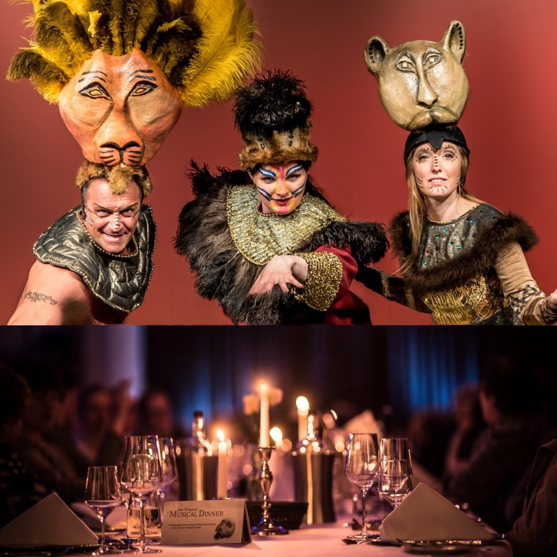 Drei Charaktere aus dem beliebten Musical König der Löwen und darunter ein Ausschnitt des Musical Dinner im Kerzenlicht.